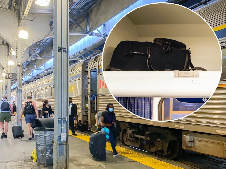 People board a train with suitcases and an image of a backpack overlaid