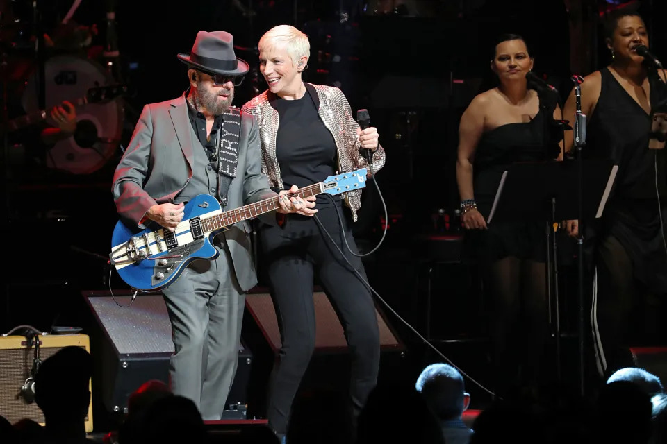 Dave Stewart and Annie Lennox perform onstage during the  Rainforest Fund 30th Anniversary Benefit Concert Presents in 2019. (Photo: Kevin Kane/Getty Images for The Rainforest Fund)