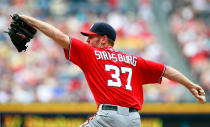 ATLANTA, GA - MAY 26: Stephen Strasburg #37 of the Washington Nationals pitches to the Atlanta Braves at Turner Field on May 26, 2012 in Atlanta, Georgia. (Photo by Kevin C. Cox/Getty Images)