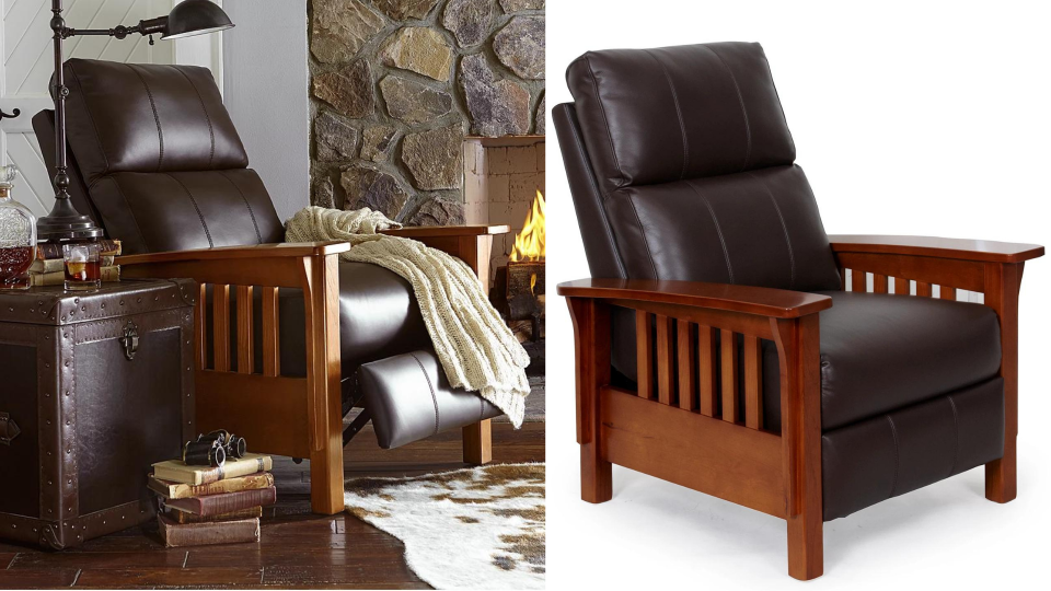 Cuddle up in this chocolate leather chair for a cabin style staycation at home.