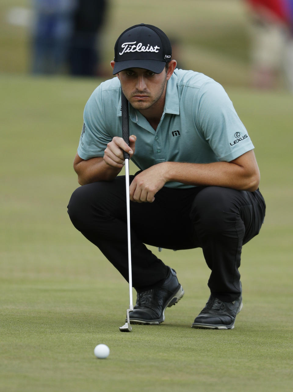 Patrick Cantlay lines up a putt on the 18th green during the final round of the Shriners Hospitals for Children Open golf tournament Sunday, Nov. 4, 2018, in Las Vegas. (AP Photo/John Locher)