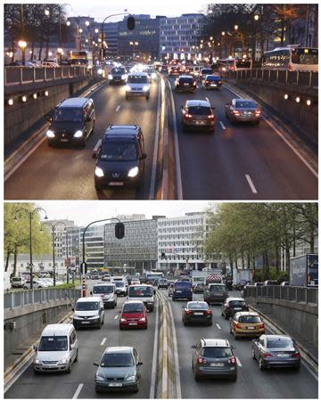 A combination picture shows traffic circulation at the same spot in Brussels at different times of the day on February 27, 2014 (top) and April 8, 2014. REUTERS/Francois Lenoir