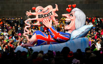 <p>A “BREXIT” carnival float at the traditional “Rosenmontag” Rose Monday carnival parade in Duesseldorf, Germany, Feb. 12, 2018. (Photo: Thilo Schmuelgen/Reuters) </p>