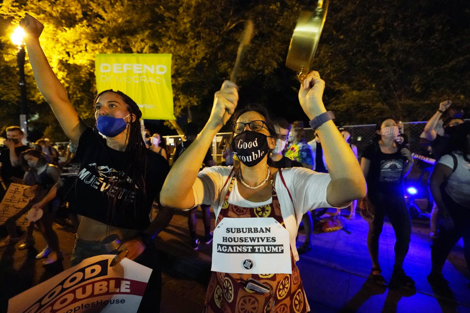 Trump protestors rally, Thursday night, Aug. 27, 2020, in Washington. President Donald Trump is set to deliver his acceptance speech later Thursday night from the nearby White House South Lawn.. (AP Photo/Carolyn Kaster)