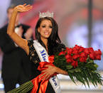 LAS VEGAS, NV - JANUARY 14: Laura Kaeppeler, Miss Wisconsin, reacts after being crowned Miss America during the 2012 Miss America Pageant at the Planet Hollywood Resort & Casino January 14, 2012 in Las Vegas, Nevada. (Photo by Ethan Miller/Getty Images)