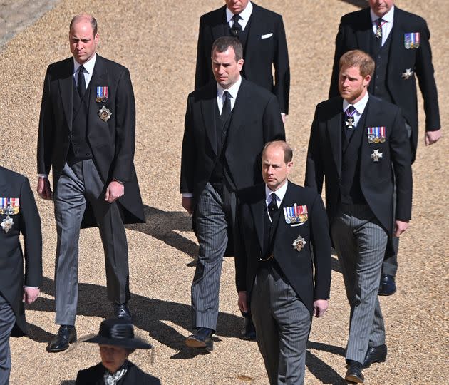 Prince William, Peter Phillips and Prince Harry follow the Duke of Edinburgh's coffin during his funeral procession to St. George's Chapel at Windsor Castle on April 17. (Photo: Pool/Max Mumby via Getty Images)