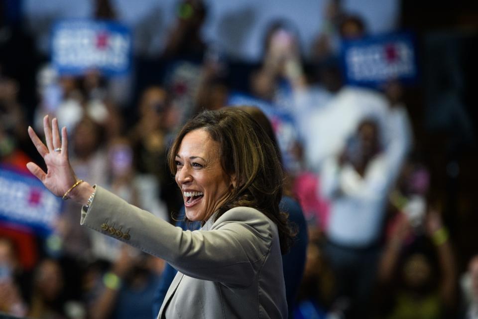 Vice President Kamala Harris speaks during a campaign stop in Fayetteville at Westover High School on Thursday, July 18, 2024.