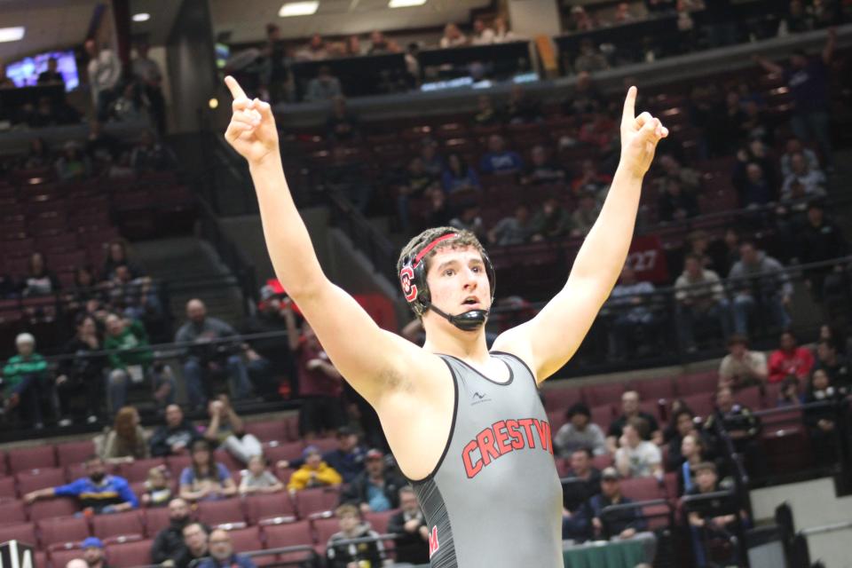 Crestview's Caleb Cunningham celebrates after winning the OHSAA 285-pound state title.