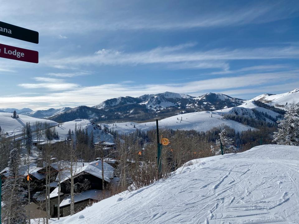 A view of snow and cabins in Deer Valley Ski resort in Park City, Utah.