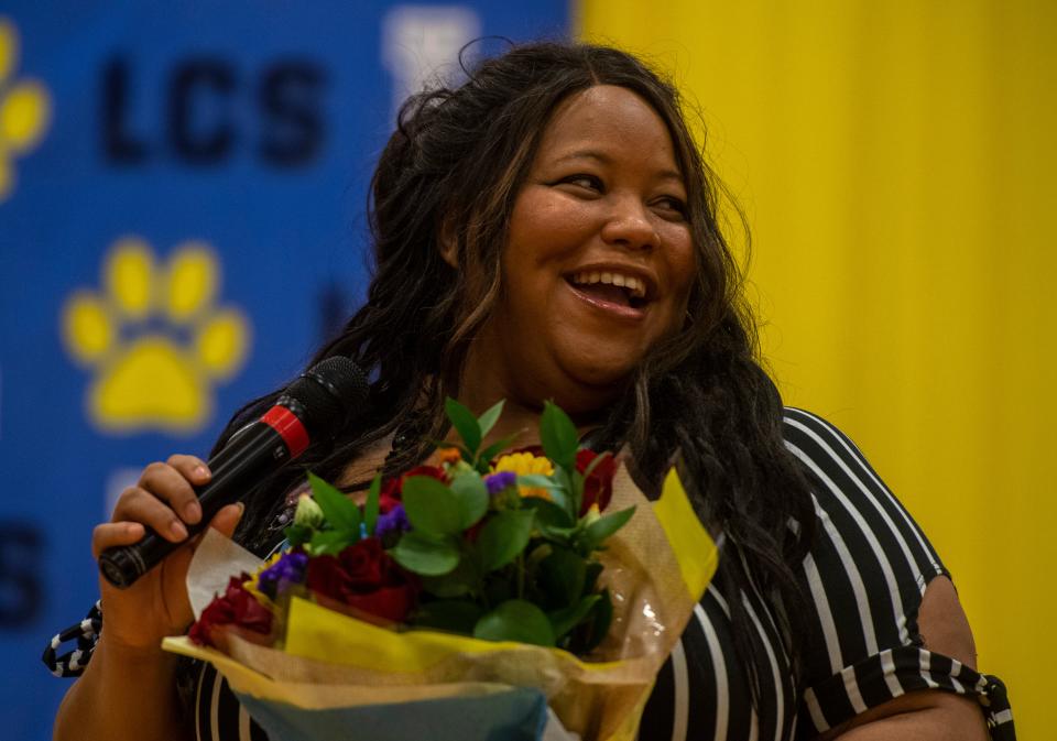 First grade teacher Briana Campbell speaks after receiving Vanderburgh County's 2023 Elementary Teacher of the Year award at Lodge Community School Wednesday morning, April 5, 2023.