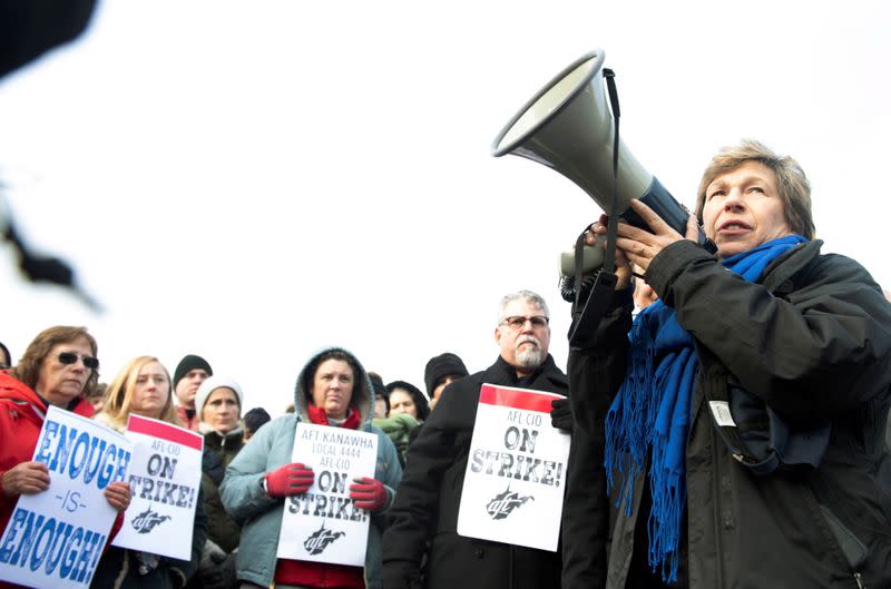 FILE PHOTO: Randi Weingarten, president of the American Federation of Teachers, speaks before a crowd of striking educators at Capital High School in Charleston, West Virginia