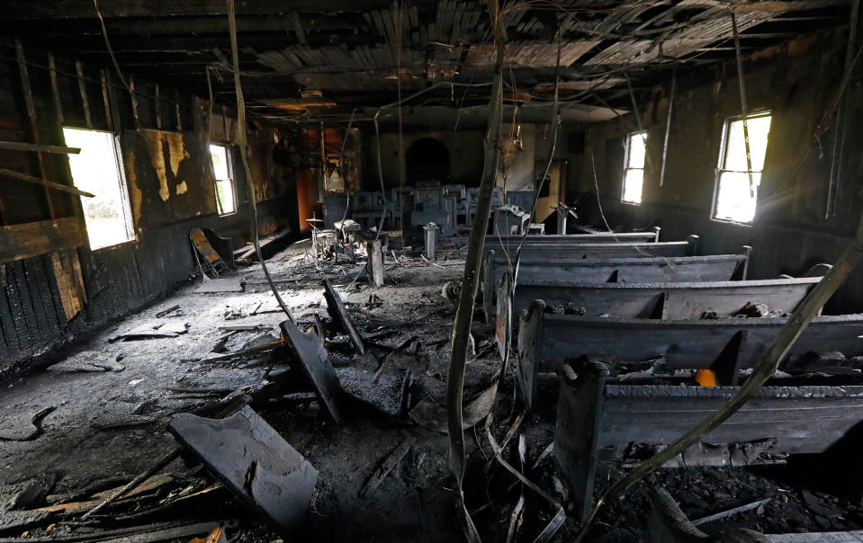 Burned pews, destroyed musical instruments, Bibles and hymnals