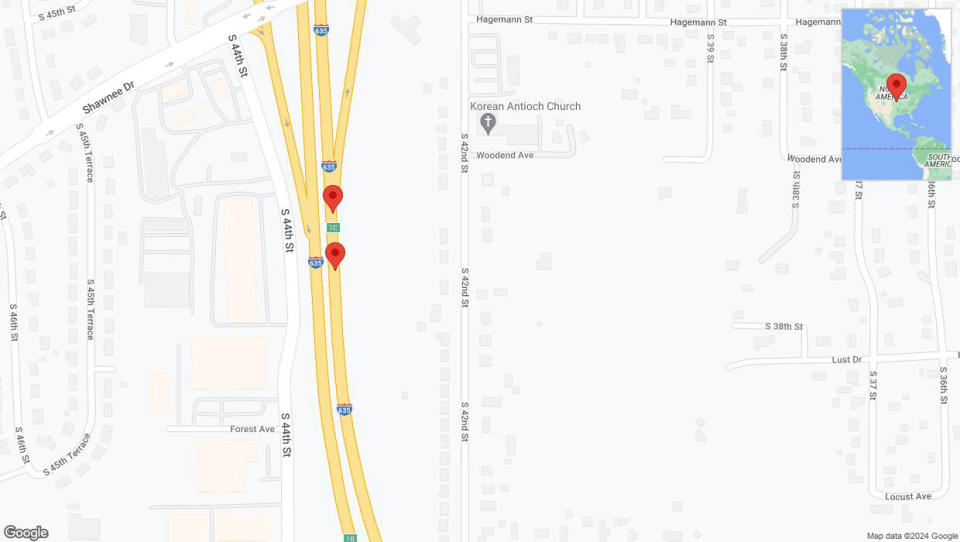 A detailed map that shows the affected road due to 'Warning in Kansas City: Crash reported on northbound I-635' on January 5th at 2:56 p.m.