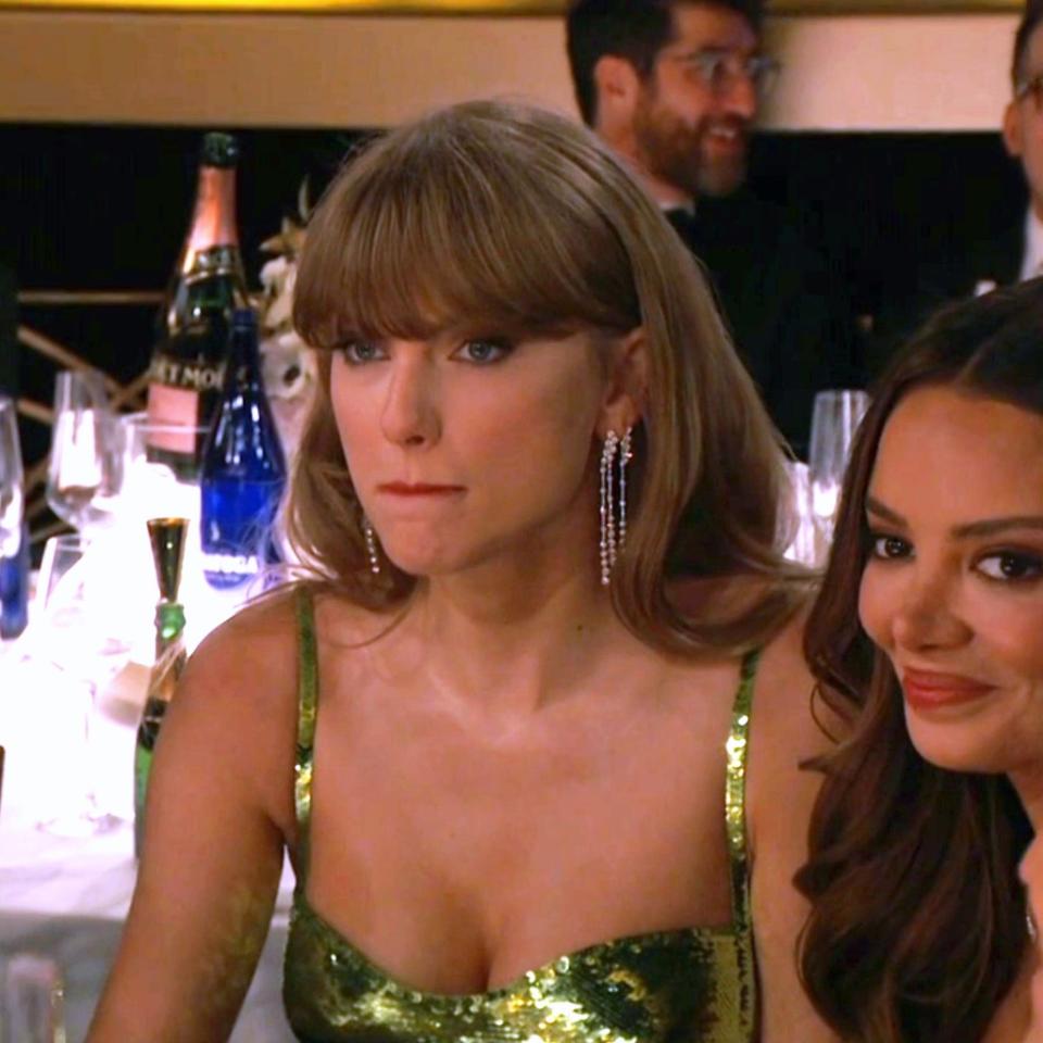 Taylor Swift appears annoyed at a joke told by host Jo Koy at her expense at the Golden Globes Jan. 7 on CBS. CBS