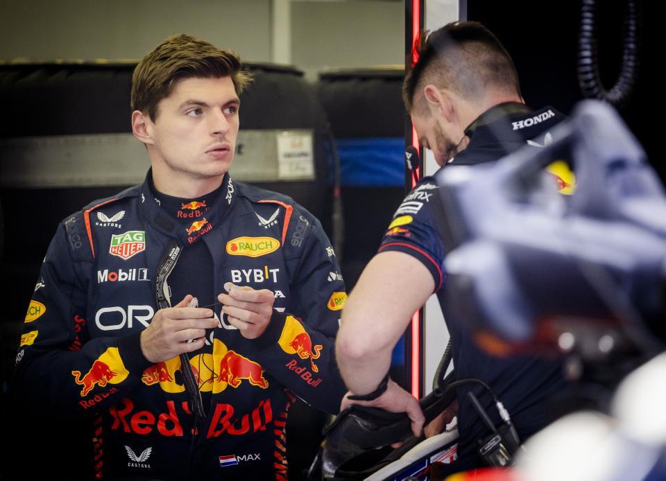 Max Verstappen (pictured left) during the first day of testing at the Bahrain International Circuit.