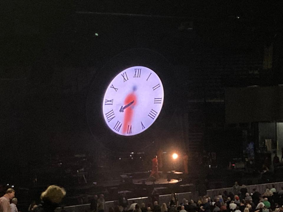 A clock counts down the time above the stage before the Peter Gabriel concert on Sept. 25, at Nationwide Arena in Columbus.