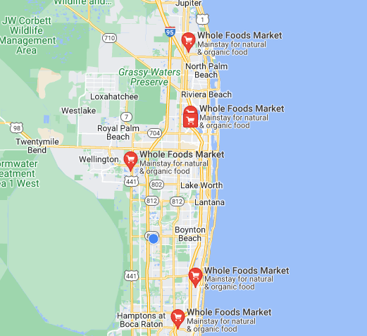 There are currently five Whole Foods supermarkets open in Palm Beach County with a sixth under construction (blue dot) west of Boynton Beach. A seventh will be built west of Boca Raton.