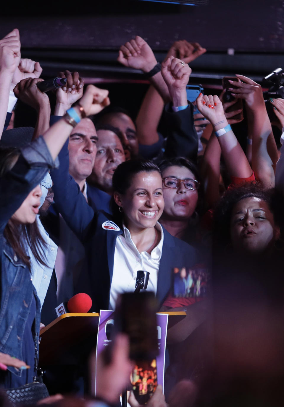 Queens district attorney candidate Tiffany Caban reacts as she is greeted by supporters Tuesday, June 25, 2019, in the Queens borough of New York. (AP Photo/Frank Franklin II)