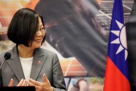 Taiwan's President Tsai Ing-wen gestures during a news conference at the National Palace during her one-day visit to Haiti, in Port-au-Prince