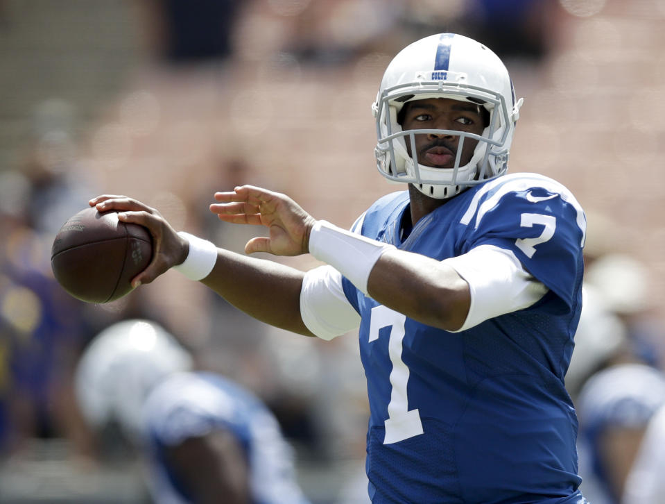 Jacoby Brissett warms up before Indy’s game against Los Angeles. (AP)