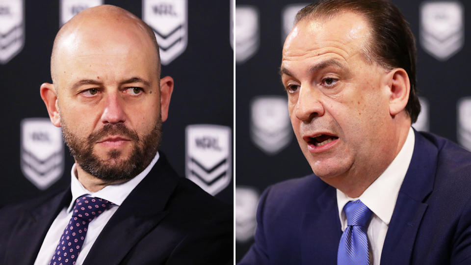 Pictured right, ARLC chairman Peter V'landys and former NRL CEO Todd Greenberg on the left.