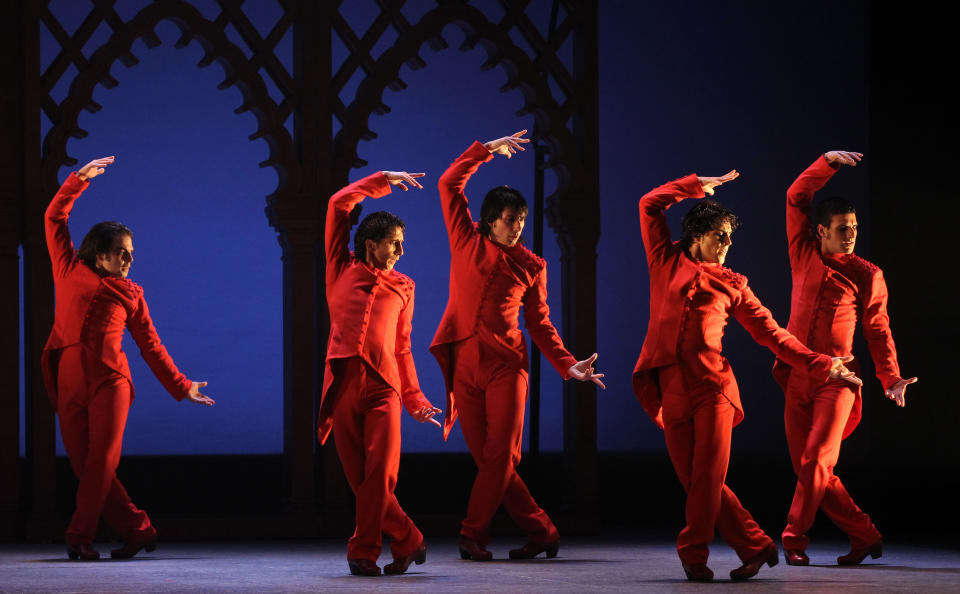 This undated publicity image released by Helene Davis PR shows Ballet Flamenco de Andalucia during a performance. The troupe is performing through March 9 at New York City Center. (AP Photo/Helene Davis PR, Miguel Angel Gonzalez)