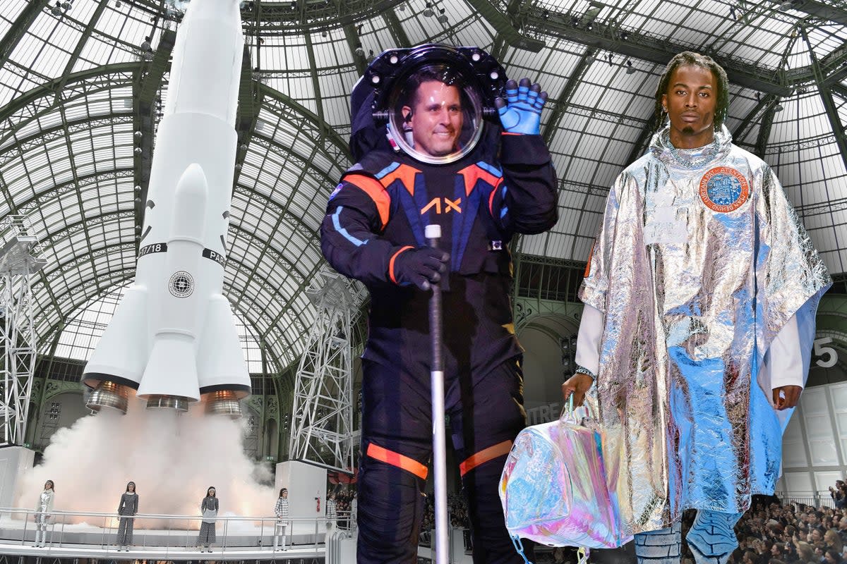 Background, Chanel AW17; centre, an Axiom spacesuit, 2023; left, Louis Vuitton SS19  (ES)