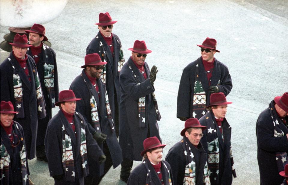 <p>Back when the Summer and Winter Olympics were held in the same year, Team USA sported long coats, red hats and patterned scarves for the Games in Albertville, France. (AP) </p>