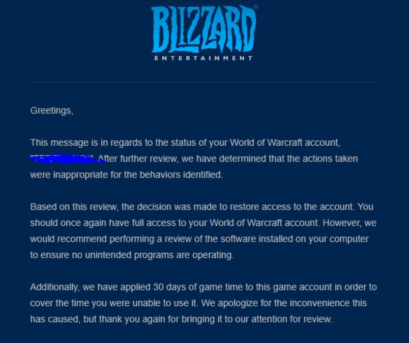 Pantallazo de la carta enviada por Blizzard a la cuenta de su padre. Fuente: Reddit