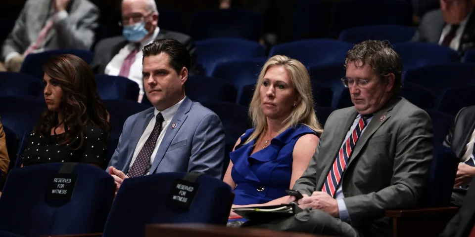 From left: Republican Reps. Lauren Boebert of Colorado, Matt Gaetz of Florida, Marjorie Taylor Greene of Georgia, Thomas Massie of Kentucky. All voted against the Russia trade bill.