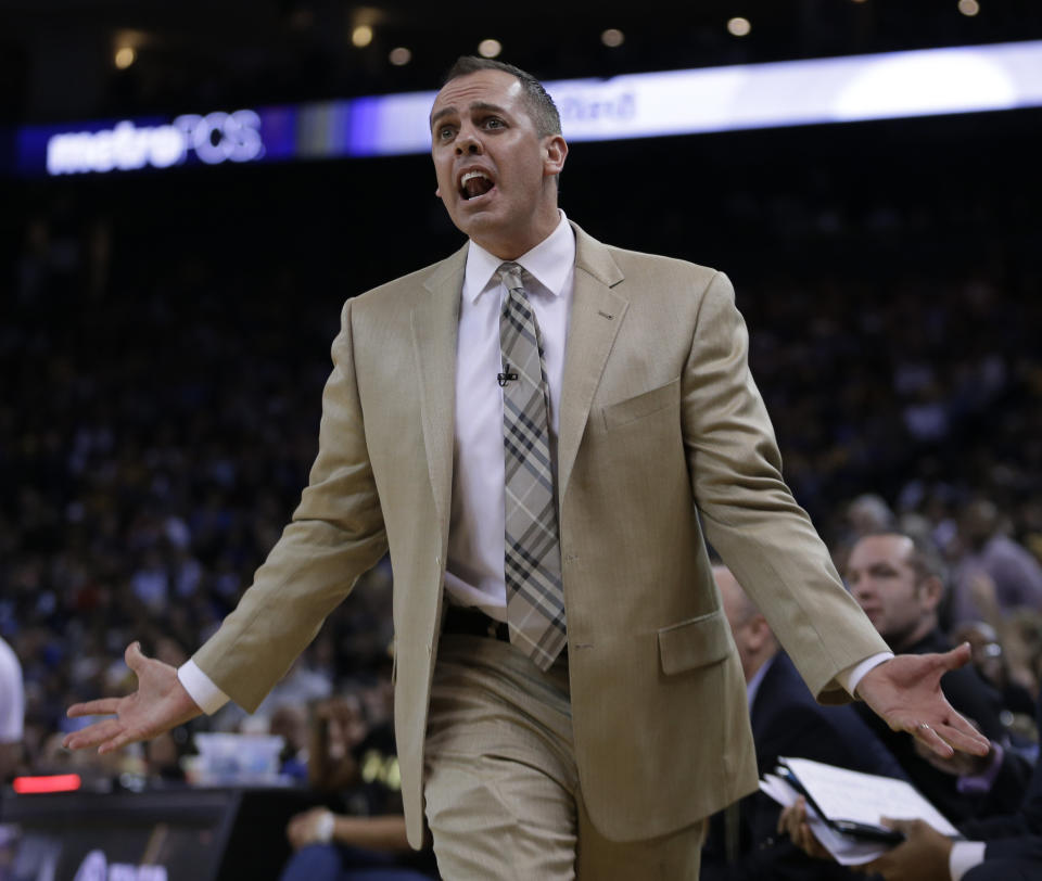 Indiana Pacers coach Frank Vogel gestures on the sidelines during the second half of an NBA basketball game against the Golden State Warriors Monday, Jan. 20, 2014, in Oakland, Calif. (AP Photo/Ben Margot)