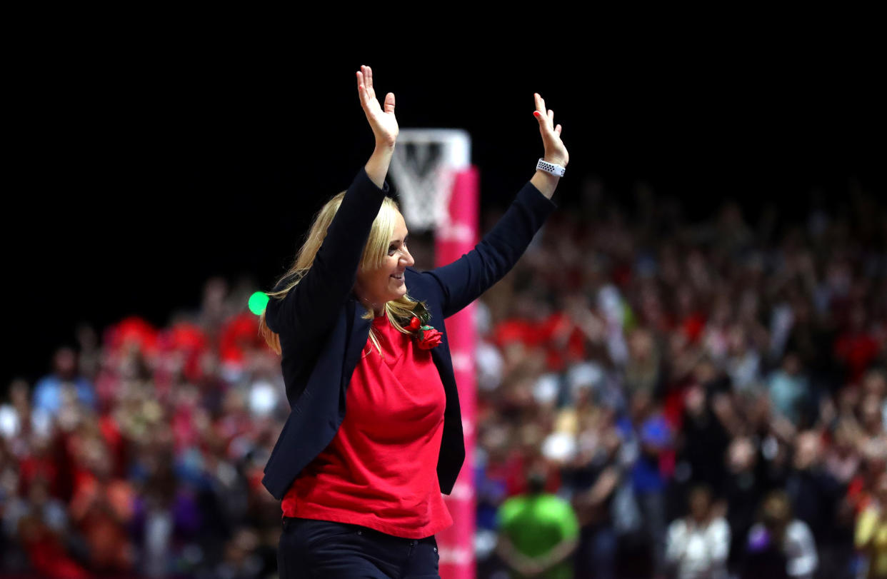 England Head Coach Tracey Neville celebrates to the crowd after winning the Bronze Medal match. (Photo by Chloe Knott - Danehouse/Getty Images)