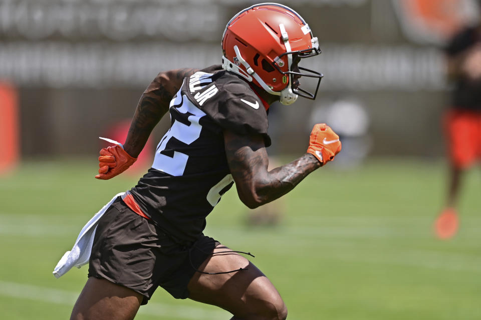 Cleveland Browns wide receiver Mike Harley Jr. runs a route during the NFL football team's rookie minicamp, Friday, May 13, 2022, in Berea, Ohio. (AP Photo/David Dermer)