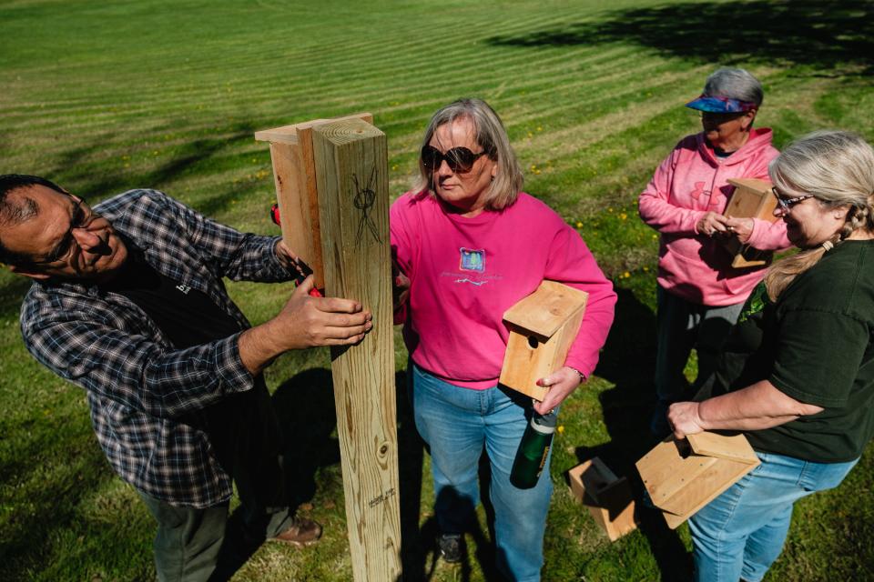 Members of the First Moravian Church, from left, Sam Paden, Mary Lou Keener, Marlene Tschoy and Susan Paden, install Bluebird nesting boxes around Dover City Park on Earth Day, Monday, April 22.