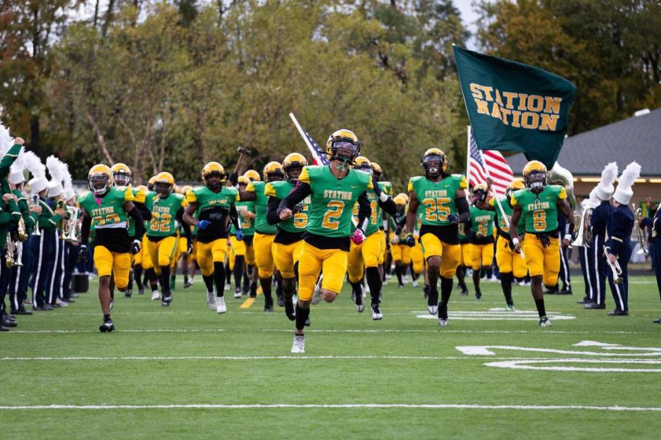 Bryan Station quarterback Trenton Cutwright (2) led the Defenders onto the field before their 34-14 loss to visiting Frederick Douglass on Oct. 14. The Defenders are one win away from a potential rematch against the Broncos in the Class 6A state championship game at Kroger Field in Lexington.