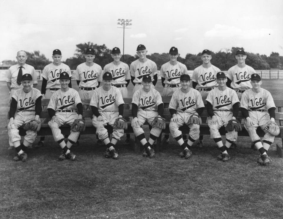 The 1949 University of Tennessee baseball team was coached by Cy Anderson. Jim Worthington, 98 years old as of April 2024, is at right in the front.