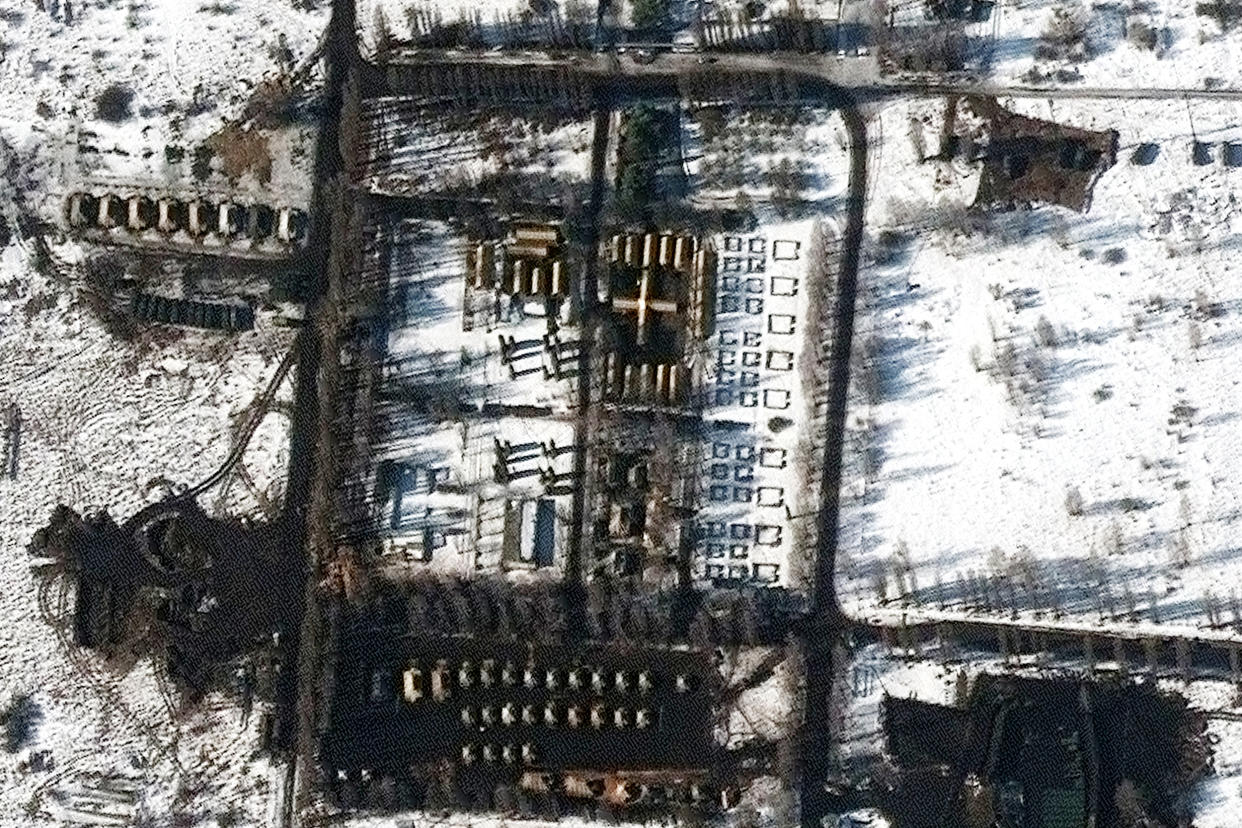 Image: A satellite image shows a close up of a field hospital and a troop deployment, in Belgorod (Maxar Technologies / via Reuters)