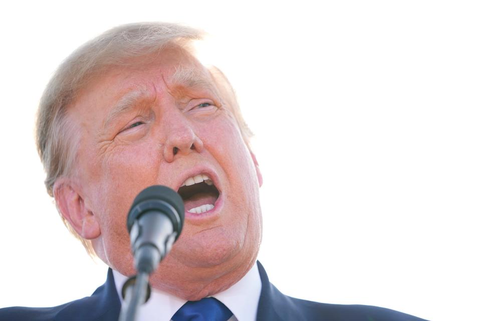 Apr 23, 2022; Delaware, Ohio, USA; Former President Donald Trump holds a rally at the Delaware County Fairgrounds. Mandatory Credit: Adam Cairns-The Columbus Dispatch