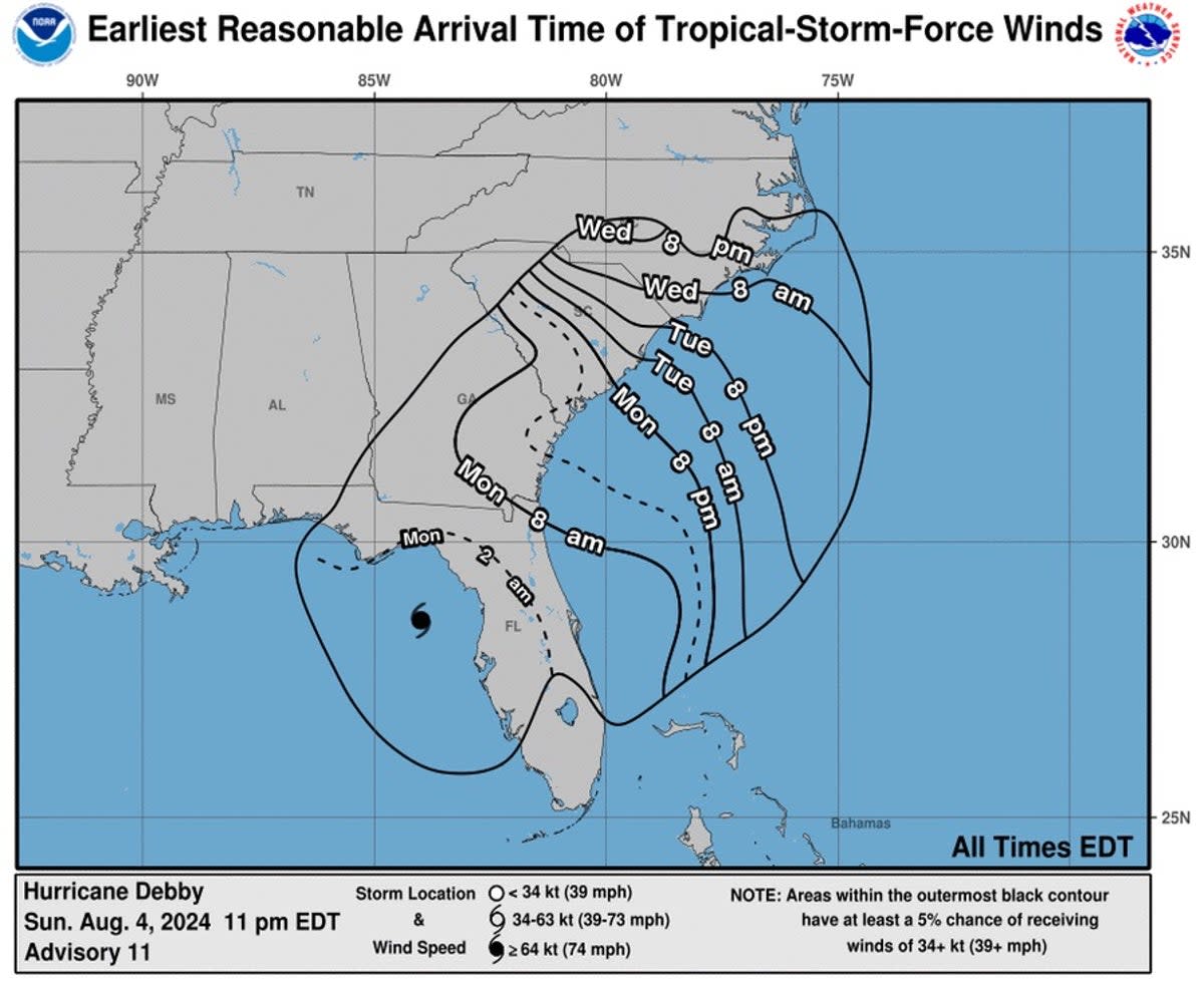 Map shows predicted arrival times of winds from Hurricane Debby (NHC)