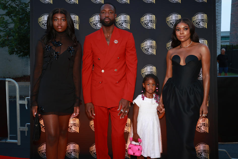 SPRINGFIELD, MASSACHUSETTS - AUGUST 12: Zaya Wade, 2023 inductee Dwyane Wade, Kaavia James Wade and Gabrielle Union attend the 2023 Naismith Basketball Hall of Fame Induction at Symphony Hall on August 12, 2023 in Springfield, Massachusetts. (Photo by Mike Lawrie/Getty Images)