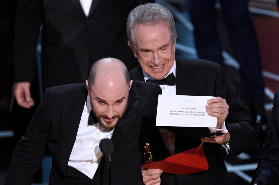 Just when everyone thought "La La Land" had won best picture at the 2017 Oscars, producer Jordan Horowitz (left, with Warren Beatty), showed the envelope revealing "Moonlight" as the true winner.