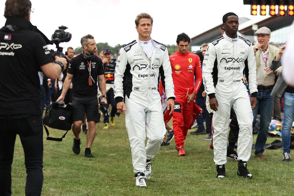 Pitt and Damson Idris filming in Silverstone in July (Getty Images)