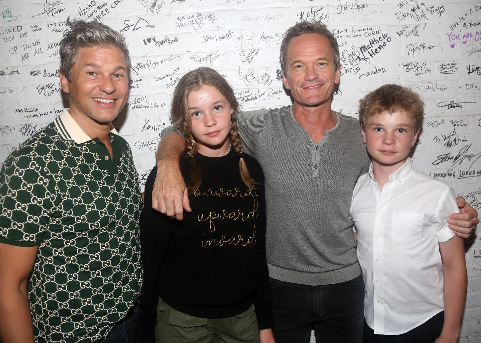 NEW YORK, NEW YORK - SEPTEMBER 9: (EXCLUSIVE COVERAGE) (L-R) David Burtka, Harper Grace Burtka-Harris, Neil Patrick Harris, Gideon Burtka-Harris pose backstage at the hit musical "Shucked" on Broadway at The Nederlander Theatre on September 9, 2023 in New York City. (Photo by Bruce Glikas/WireImage)