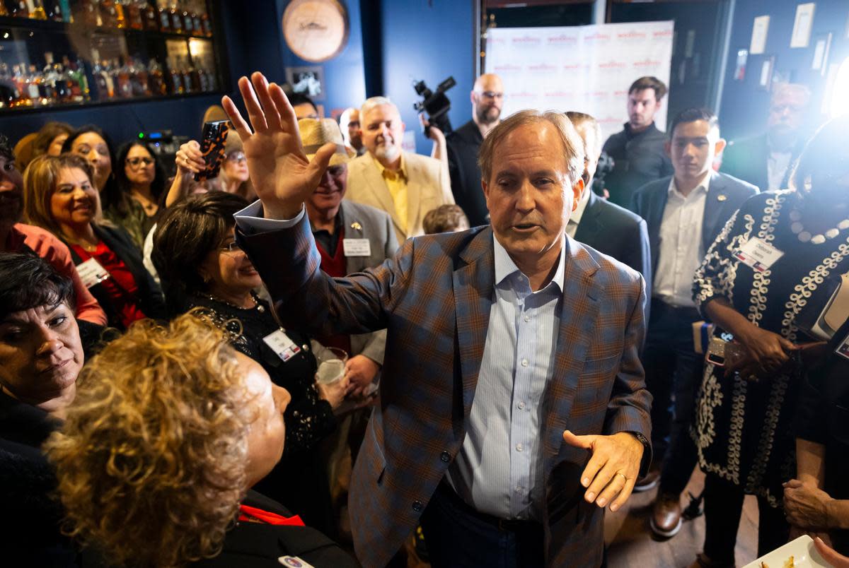 Attorney General Ken Paxton speaks during a reception for Jared Woodfill at the Federal American Grill on Monday, Feb. 5, 2024, in Houston.