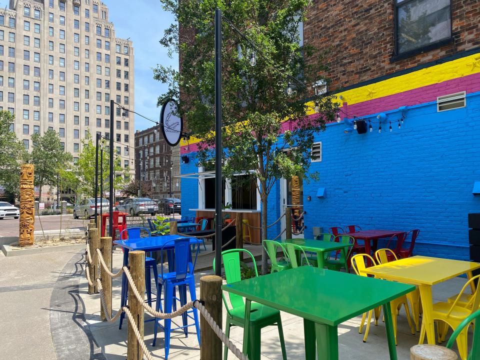 The outdoor seating area at Onolicious, a new Hawaiian-themed restaurant on Court Street Plaza, Downtown.