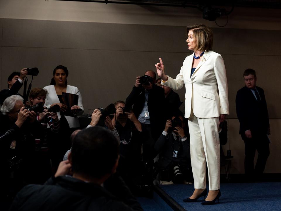 Nancy Pelosi reacts to reporter