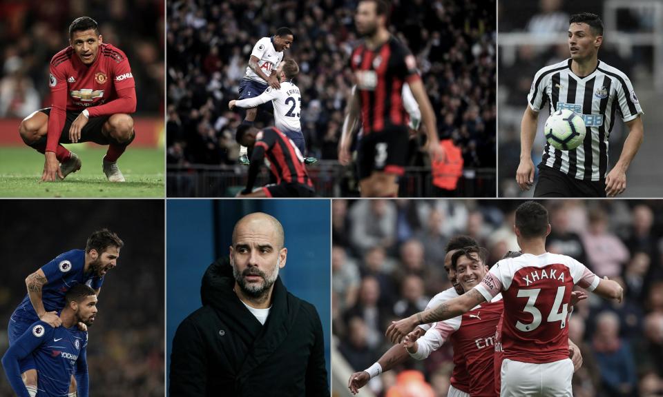 Alexis Sánchez of Manchester United, Tottenham Hotspur’s Christian Eriksen celebrates with Kyle Walker-Peters, Fabian Schär of Newcastle, Arsenal’s Mesut Özil celebrates with Granit Xhaka, Manchester City manager Pep Guardiola and Ruben Loftus-Cheek celebrates with Cesc Fàbregas.