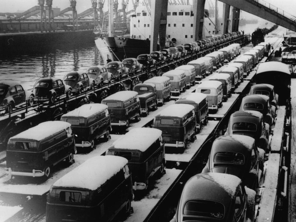 Lines of Volkswagen cars and vans ready for export on the transporter 'Fidelio' at Bremen Harbour, Germany, bound for the USA.