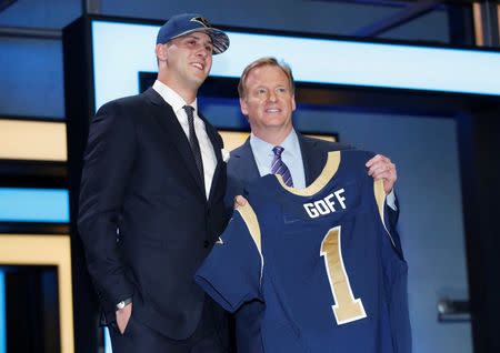 Apr 28, 2016; Chicago, IL, USA; Jared Goff (California) greets NFL commissioner Roger Goodell after being selected by the Los Angeles Rams as the number one overall pick in the first round of the 2016 NFL Draft at Auditorium Theatre. Kamil Krzaczynski-USA TODAY Sports