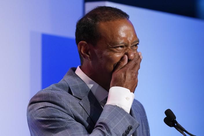 Tiger Woods becomes emotional during his induction into the World Golf Hall of Fame Wednesday at the PGA Tour Global Home.